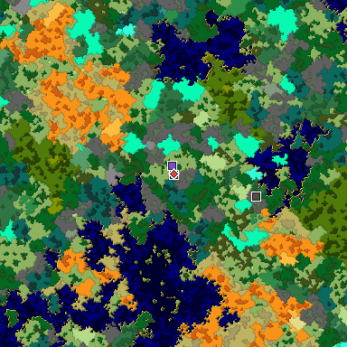 Predicted biome map of Java 1.16 seed -9205501769781319502 around estimated spawn