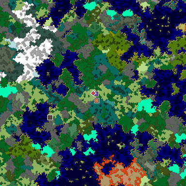 Predicted biome map of Java 1.16 seed -3695120024737996276 around estimated spawn