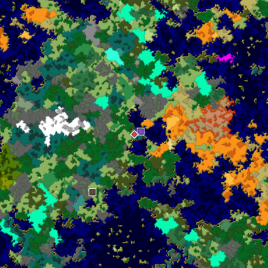 Predicted biome map of Java 1.16 seed -7408875642526414369 around estimated spawn