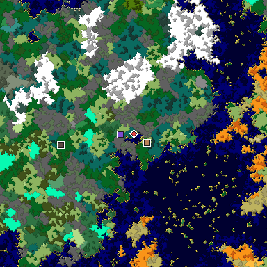 Predicted biome map of Java 1.16 seed -8589080001187732515 around estimated spawn