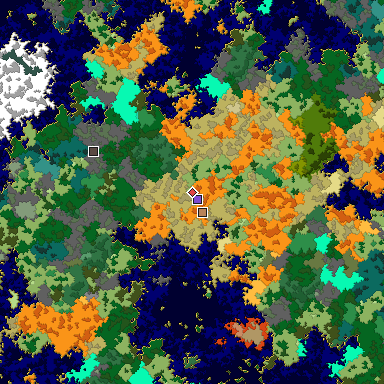 Predicted biome map of Java 1.16 seed -6863197273143701256 around estimated spawn