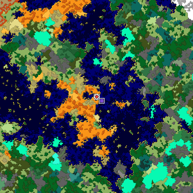 Predicted biome map of Java 1.16 seed -8412804082728813184 around estimated spawn