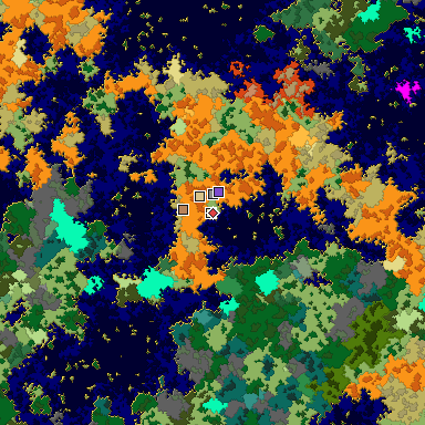 Predicted biome map of Java 1.16 seed 3443078875936241566 around estimated spawn