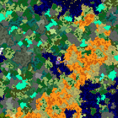 Predicted biome map of Java 1.16 seed -3231251641413713909 around estimated spawn