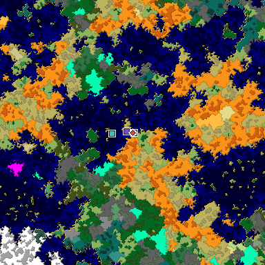 Predicted biome map of Java 1.16 seed -3689709283577262793 around estimated spawn
