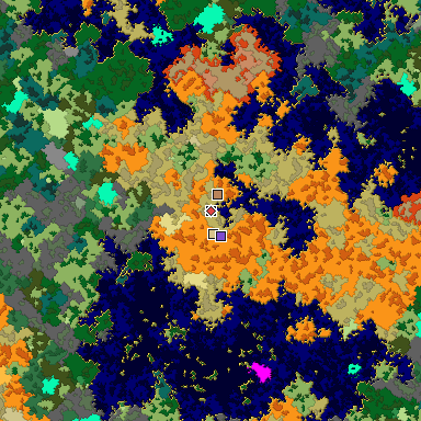 Predicted biome map of Java 1.16 seed -3488662104209341090 around estimated spawn