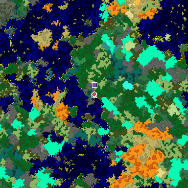 Predicted biome map of Java 1.16 seed 2165628943976316969 around estimated spawn