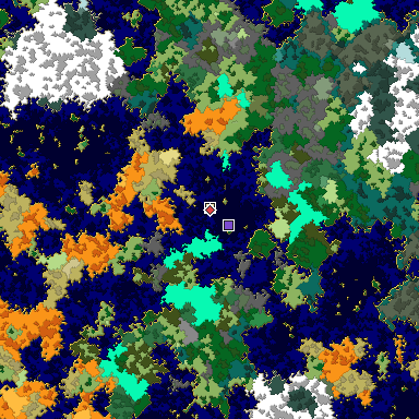Predicted biome map of Java 1.16 seed 4869805326087921295 around estimated spawn