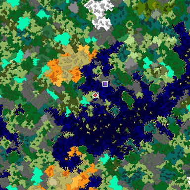 Predicted biome map of Java 1.16 seed 3636161289501616395 around estimated spawn