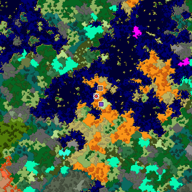 Predicted biome map of Java 1.16 seed -2402973247239868522 around estimated spawn