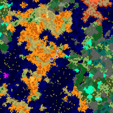 Predicted biome map of Java 1.16 seed -5136204107390107597 around estimated spawn