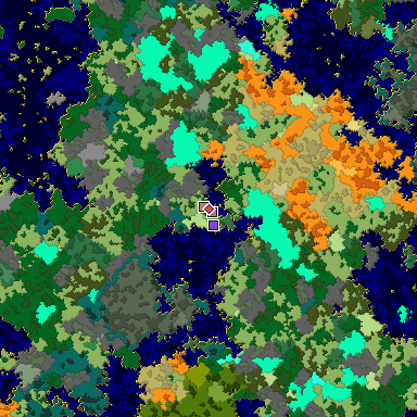 Predicted biome map of Java 1.16 seed 6884854703211416048 around estimated spawn