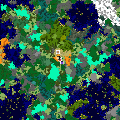 Predicted biome map of Java 1.16 seed -4146174403321468413 around estimated spawn