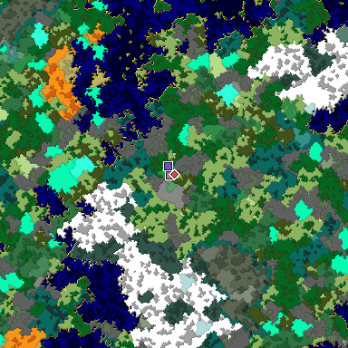 Predicted biome map of Java 1.16 seed 3134912037411633811 around estimated spawn