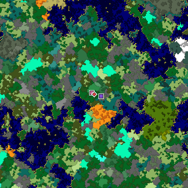 Predicted biome map of Java 1.16 seed -1760081502548776541 around estimated spawn