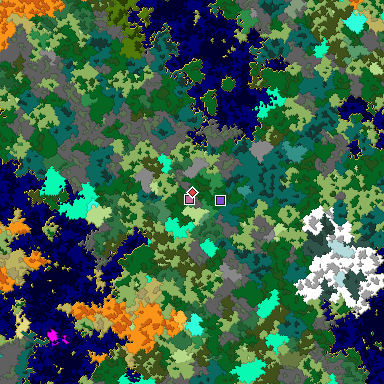 Predicted biome map of Java 1.16 seed -1315965469568016104 around estimated spawn