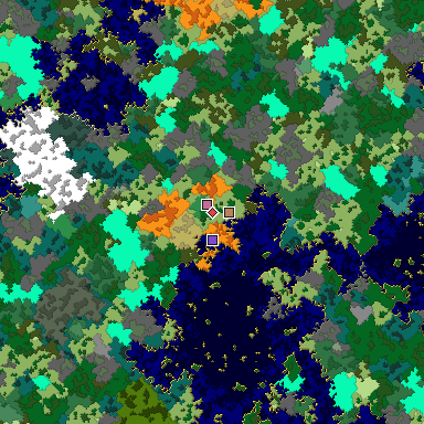 Predicted biome map of Java 1.16 seed -3177784272133452531 around estimated spawn