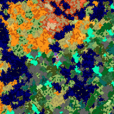Predicted biome map of Java 1.16 seed 6676955368519040554 around estimated spawn