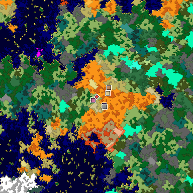 Predicted biome map of Java 1.16 seed 4358450021313176595 around estimated spawn