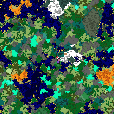 Predicted biome map of Java 1.16 seed 4122592739874123330 around estimated spawn
