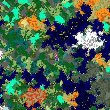 Predicted biome map of Java 1.16 seed -9128032846004738518 around estimated spawn