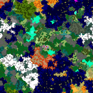 Predicted biome map of Java 1.16 seed 7335320729898181896 around estimated spawn