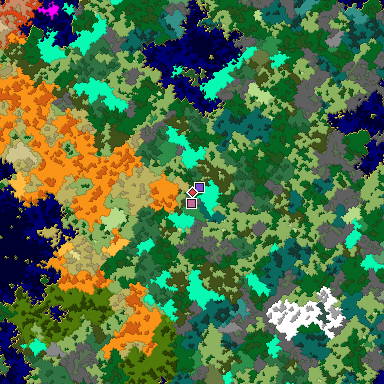 Predicted biome map of Java 1.16 seed -3874861349174705179 around estimated spawn