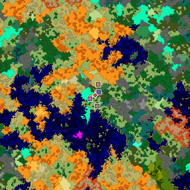 Predicted biome map of Java 1.16 seed -2713943350774955804 around estimated spawn