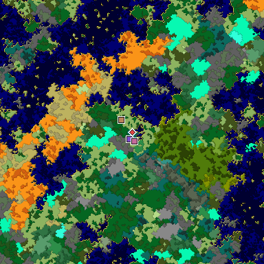 Predicted biome map of Java 1.16 seed -4357078981953642347 around estimated spawn