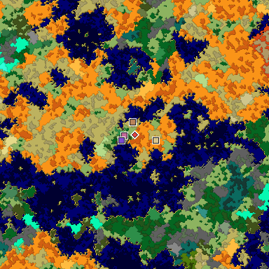 Predicted biome map of Java 1.16 seed 225489838058511788 around estimated spawn