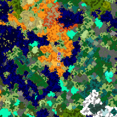 Predicted biome map of Java 1.16 seed 3374941639402120350 around estimated spawn