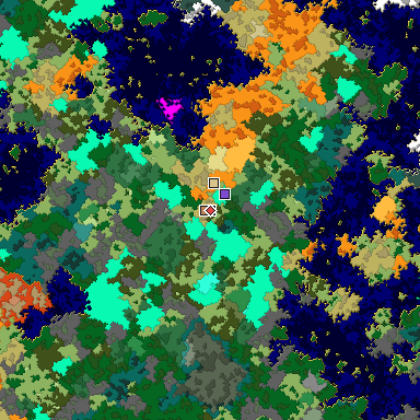 Predicted biome map of Java 1.16 seed -6640456204388298879 around estimated spawn