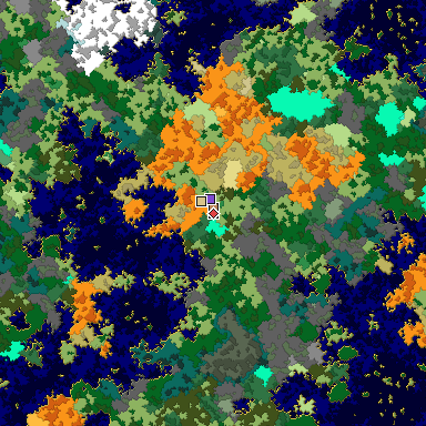 Predicted biome map of Java 1.16 seed -5650040927429152823 around estimated spawn