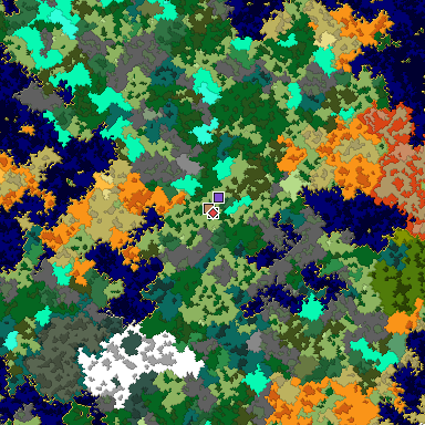 Predicted biome map of Java 1.16 seed 4834648731790779889 around estimated spawn