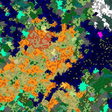 Predicted biome map of Java 1.16 seed -4930757880376056174 around estimated spawn