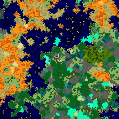 Predicted biome map of Java 1.16 seed -685602527656158716 around estimated spawn