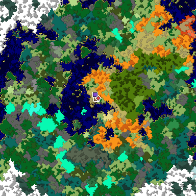 Predicted biome map of Java 1.16 seed 3963871608901922366 around estimated spawn