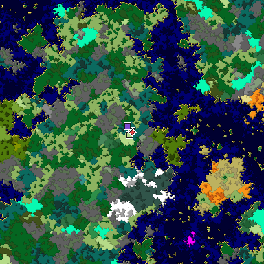 Predicted biome map of Java 1.16 seed 7852823128585159728 around estimated spawn