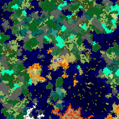 Predicted biome map of Java 1.16 seed 7444154908274284021 around estimated spawn