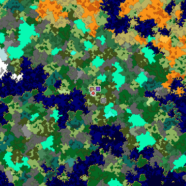 Predicted biome map of Java 1.16 seed -448610112089535469 around estimated spawn