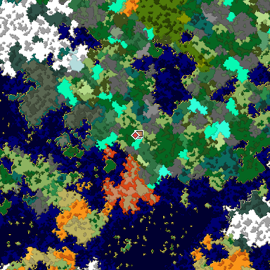 Predicted biome map of Java 1.16 seed -5350234834514634703 around estimated spawn