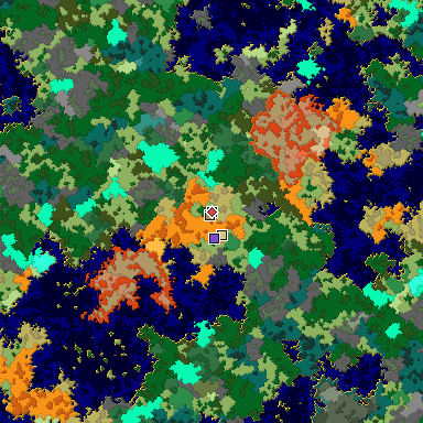 Predicted biome map of Java 1.16 seed -7417302484564633109 around estimated spawn