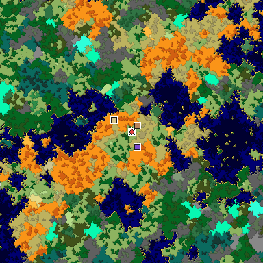 Predicted biome map of Java 1.16 seed -410974459197436054 around estimated spawn