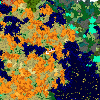 Predicted biome map of Java 1.16 seed 5790288128253242293 around estimated spawn