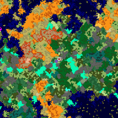 Predicted biome map of Java 1.16 seed -4639505115469639331 around estimated spawn