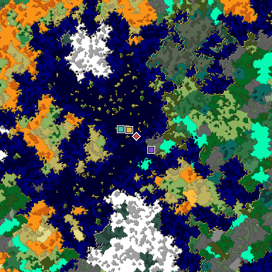 Predicted biome map of Java 1.16 seed 7024833308580335834 around estimated spawn