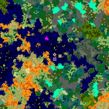 Predicted biome map of Java 1.16 seed -4683963076616775051 around estimated spawn