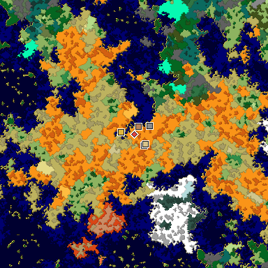 Predicted biome map of Java 1.16 seed 6469132557356092255 around estimated spawn