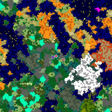 Predicted biome map of Java 1.16 seed 5675706758243657695 around estimated spawn