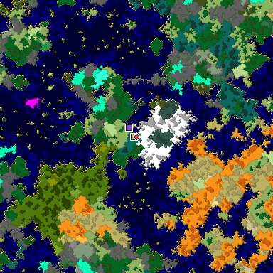 Predicted biome map of Java 1.16 seed 1628744860742817866 around estimated spawn